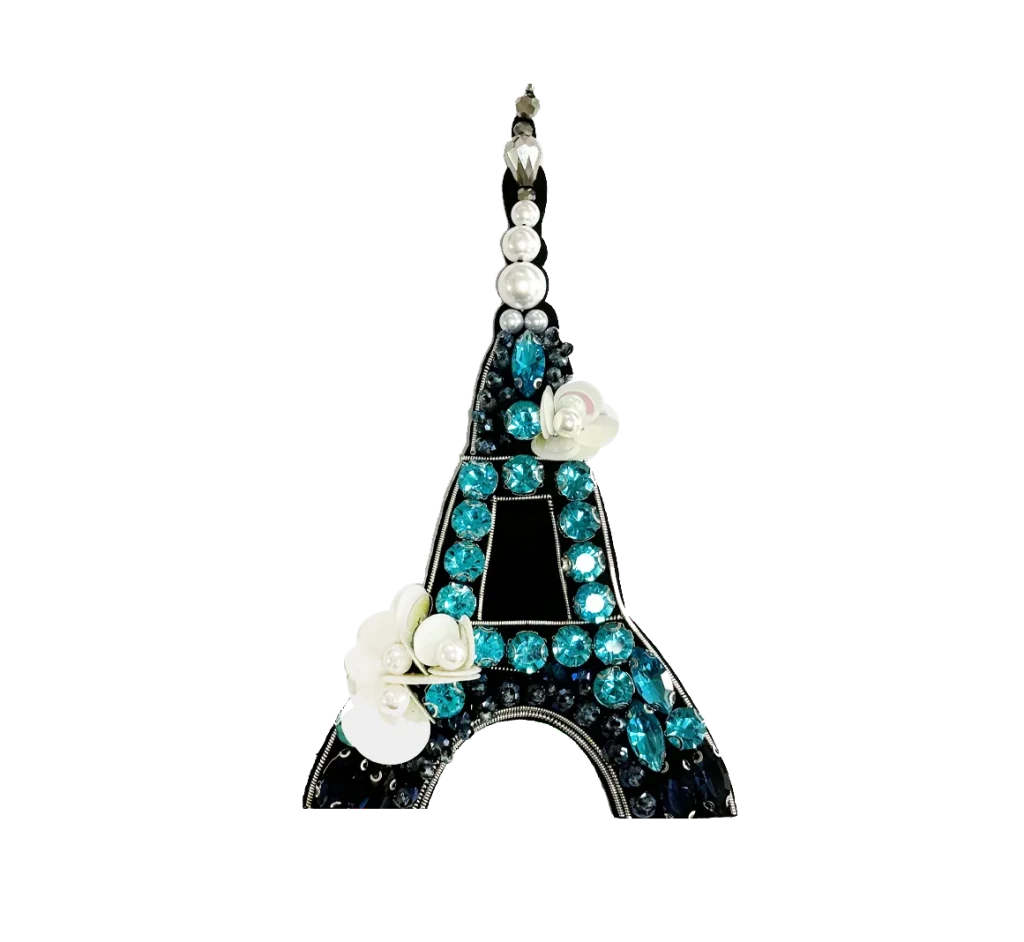 Brooch Hand Emblished with beads and stones Pop Art Turquoise Eiffle Tower - SAHI London | Handcrafted Jewellery Handbags & T-shirt Fashion