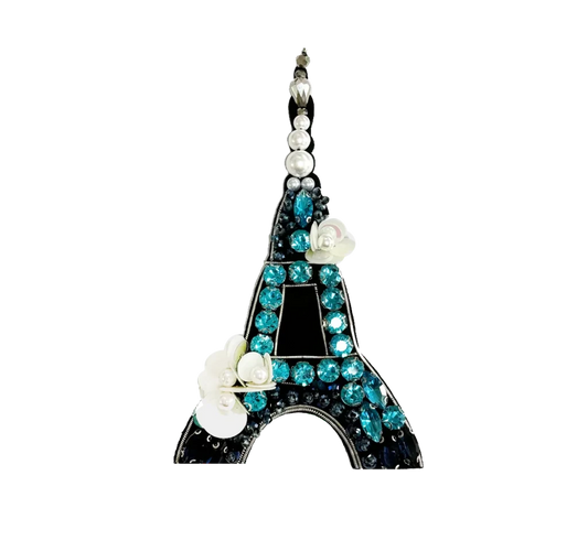Brooch Hand Emblished with beads and stones Pop Art Turquoise Eiffle Tower - SAHI London | Handcrafted Jewellery Handbags & T-shirt Fashion