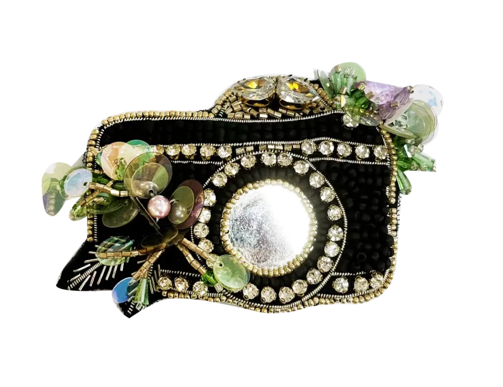 Brooch Hand Emblished with beads and stones Pop Art Black Silver Camera - SAHI London | Handcrafted Jewellery Handbags & T-shirt Fashion