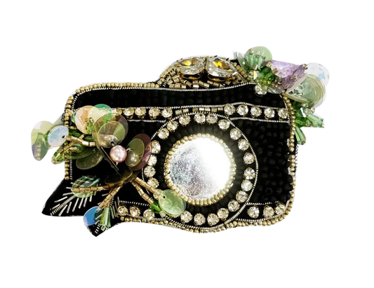 Brooch Hand Emblished with beads and stones Pop Art Black Silver Camera - SAHI London | Handcrafted Jewellery Handbags & T-shirt Fashion