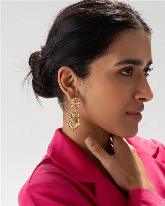 Golden Crystal Drop Statement Earring - SAHI London | Handcrafted Jewellery Handbags & T-shirt Fashion