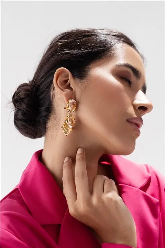 Golden Crystal Drop Statement Earring - SAHI London | Handcrafted Jewellery Handbags & T-shirt Fashion