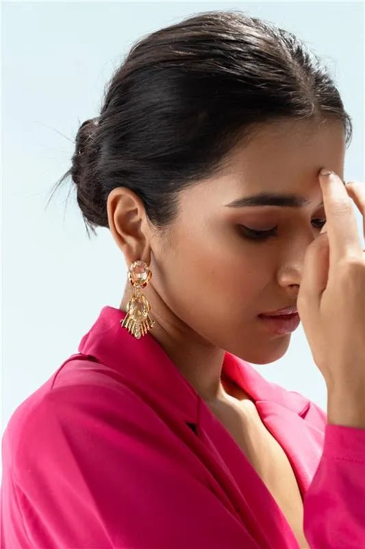Golden Crystal Drop Statement Earring - SAHI London | Handcrafted Jewellery Handbags & T-shirt Fashion