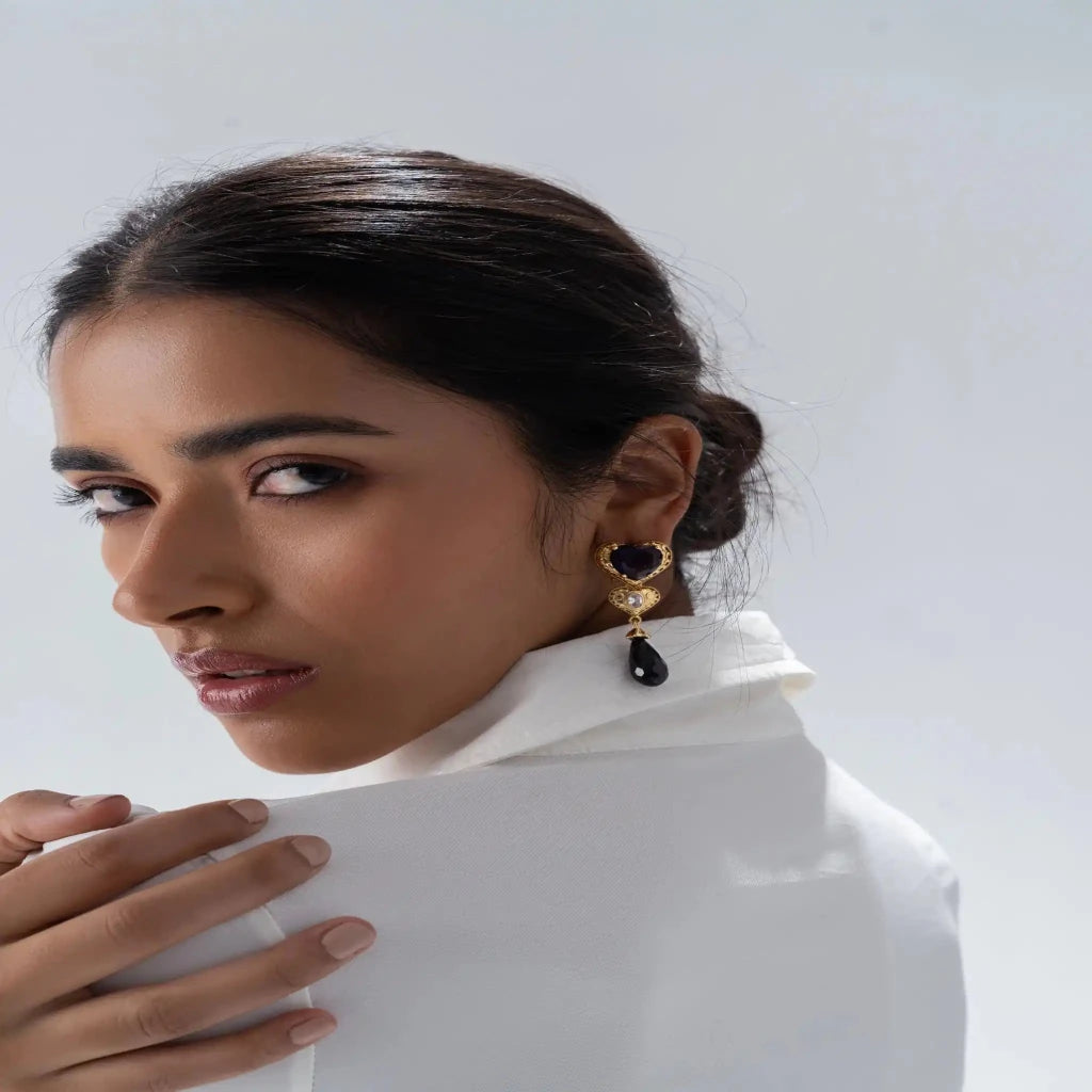 Maroon Dangle Statement Earring with Onyx & Crystal - SAHI London | Handcrafted Jewellery Handbags & T-shirt Fashion