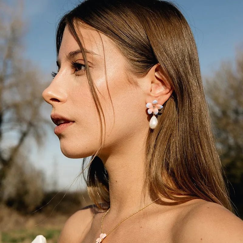 Lily Flower Pearl Drop Enamel Earrings - SAHI London | Handcrafted Jewellery Handbags & T-shirt Fashion