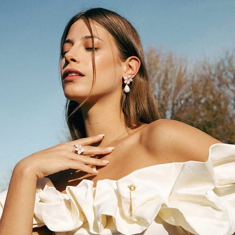 Lily Flower Pearl Drop Enamel Earrings - SAHI London | Handcrafted Jewellery Handbags & T-shirt Fashion