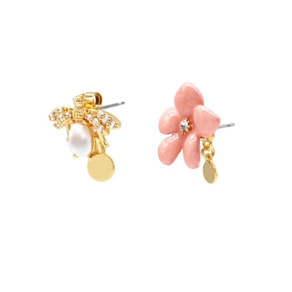 Lily Flower & Pearl Bee Enamel Stud Earrings - SAHI London | Handcrafted Jewellery Handbags & T-shirt Fashion