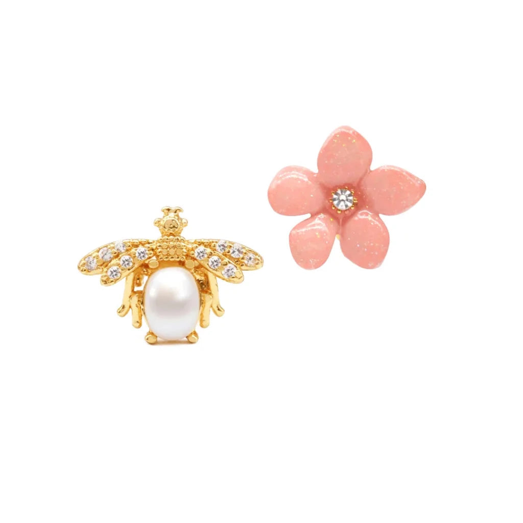Lily Flower & Pearl Bee Enamel Stud Earrings - SAHI London | Handcrafted Jewellery Handbags & T-shirt Fashion