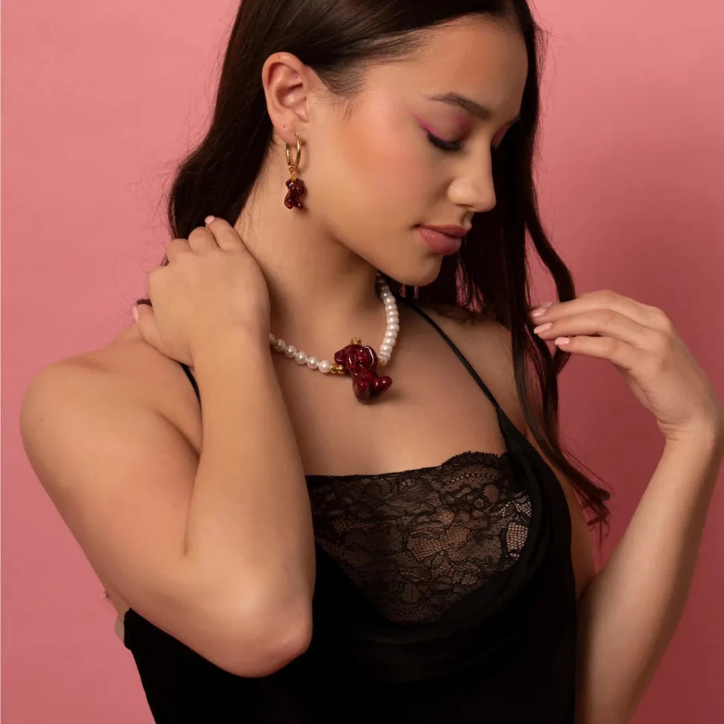 Polyresin Bear Maroon Drop Earrings - SAHI London | Handcrafted Jewellery Handbags & T-shirt Fashion