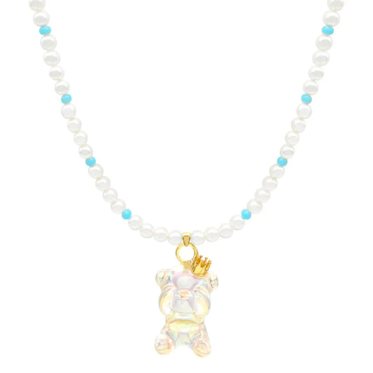 Pearl Chain White Transparent Bear Necklace - SAHI London | Handcrafted Jewellery Handbags & T-shirt Fashion