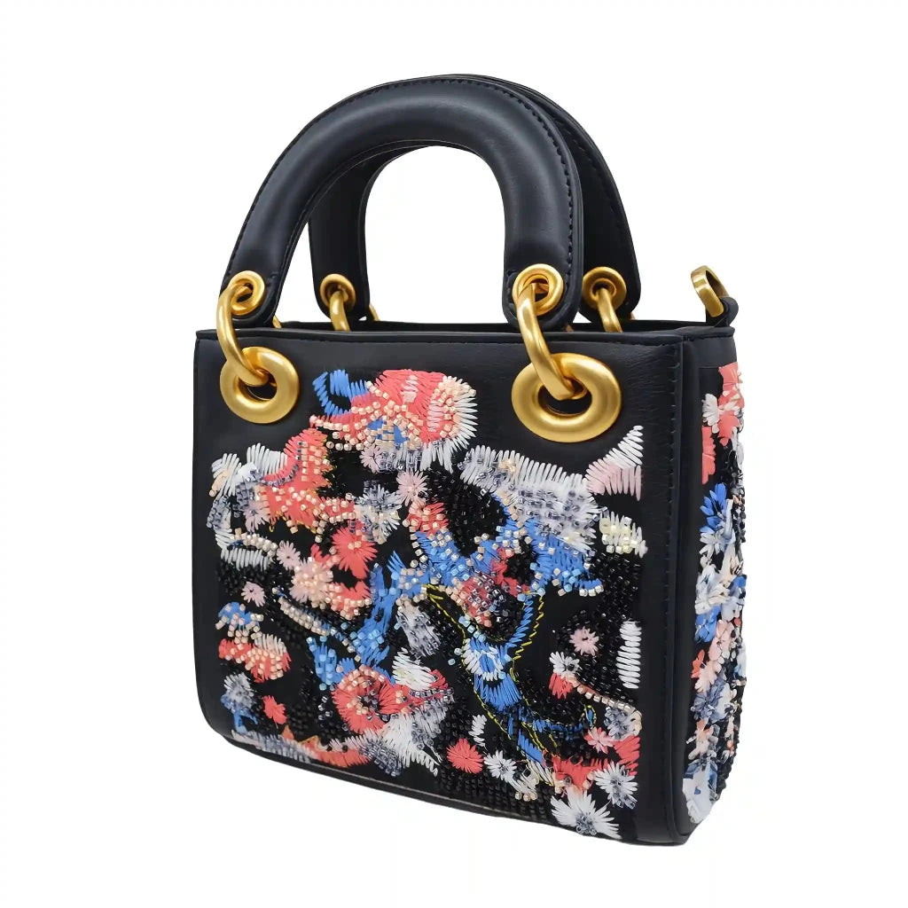 Lady Black Floral Beads & Thread Embroidered Handbag – Vegan Leather | Sahi London - SAHI London | Handcrafted Jewellery Handbags & T-shirt Fashion