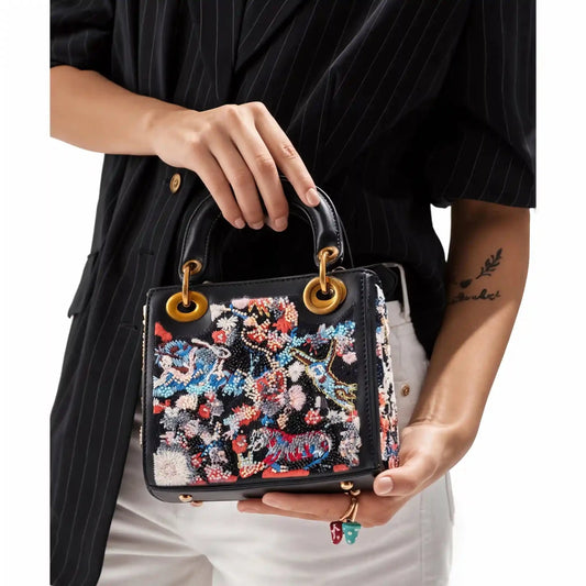 Lady Black Floral Beads & Thread Embroidered Handbag – Vegan Leather | Sahi London - SAHI London | Handcrafted Jewellery Handbags & T-shirt Fashion