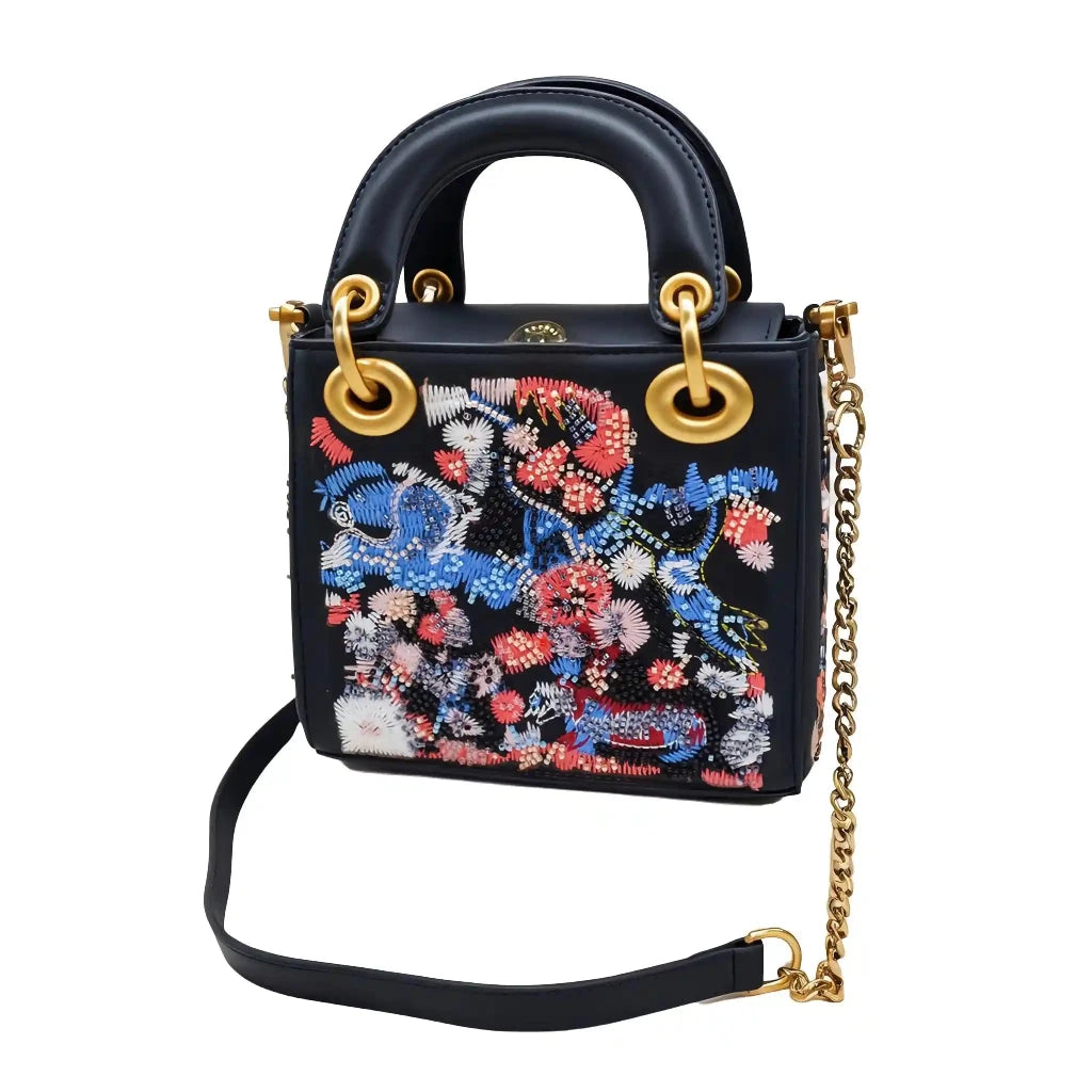 Lady Black Floral Beads & Thread Embroidered Handbag – Vegan Leather | Sahi London - SAHI London | Handcrafted Jewellery Handbags & T-shirt Fashion