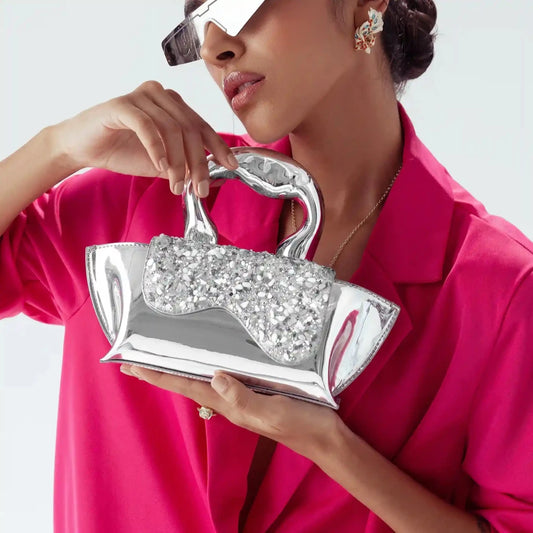 Silver GAGA Handbag with Crystal Flap - SAHI London | Handcrafted Jewellery Handbags & T-shirt Fashion