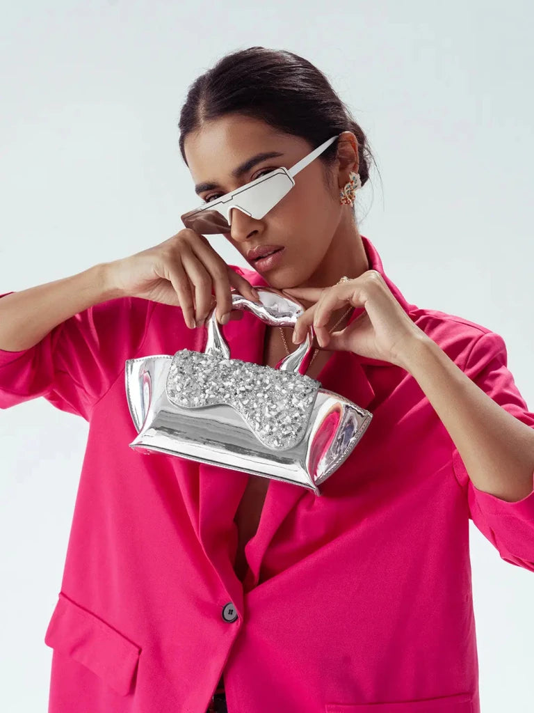 Silver GAGA Handbag with Crystal Flap - SAHI London | Handcrafted Jewellery Handbags & T-shirt Fashion