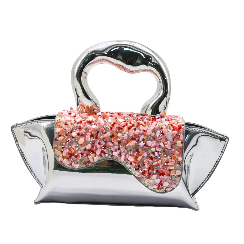 Silver GAGA Bag Pink Crystal Flap Cover - SAHI London | Handcrafted Jewellery Handbags & T-shirt Fashion