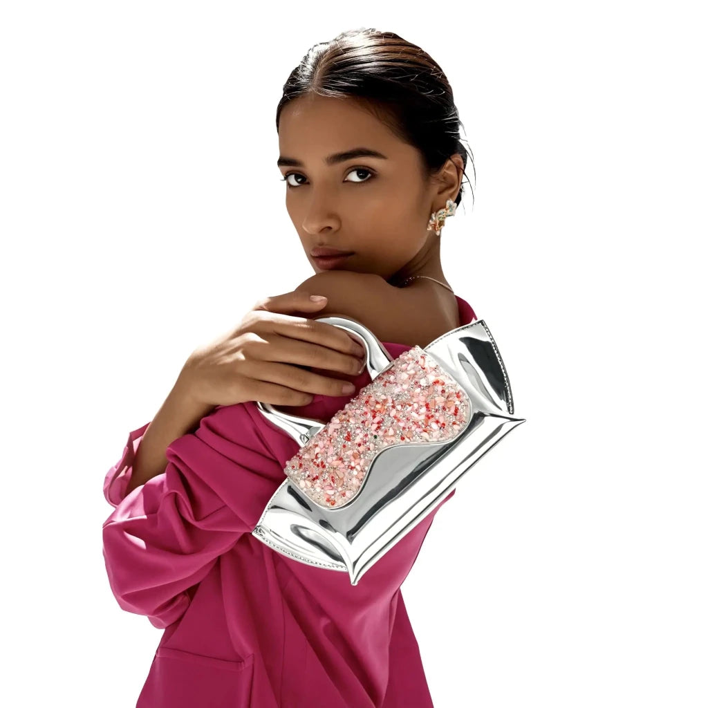 Silver GAGA Bag Pink Crystal Flap Cover - SAHI London | Handcrafted Jewellery Handbags & T-shirt Fashion