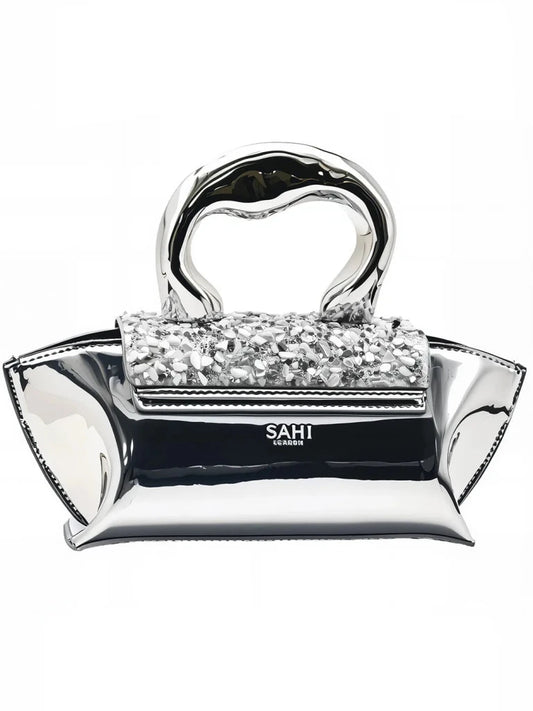Silver GAGA Handbag with Crystal Flap - SAHI London | Handcrafted Jewellery Handbags & T-shirt Fashion