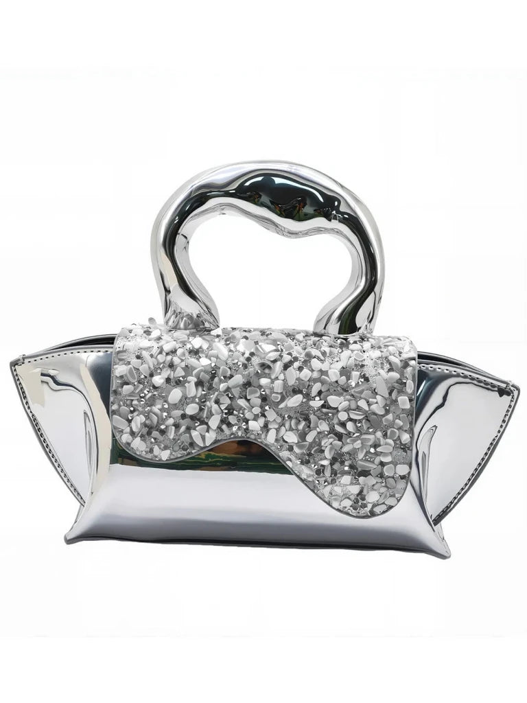 Silver GAGA Handbag with Crystal Flap - SAHI London | Handcrafted Jewellery Handbags & T-shirt Fashion