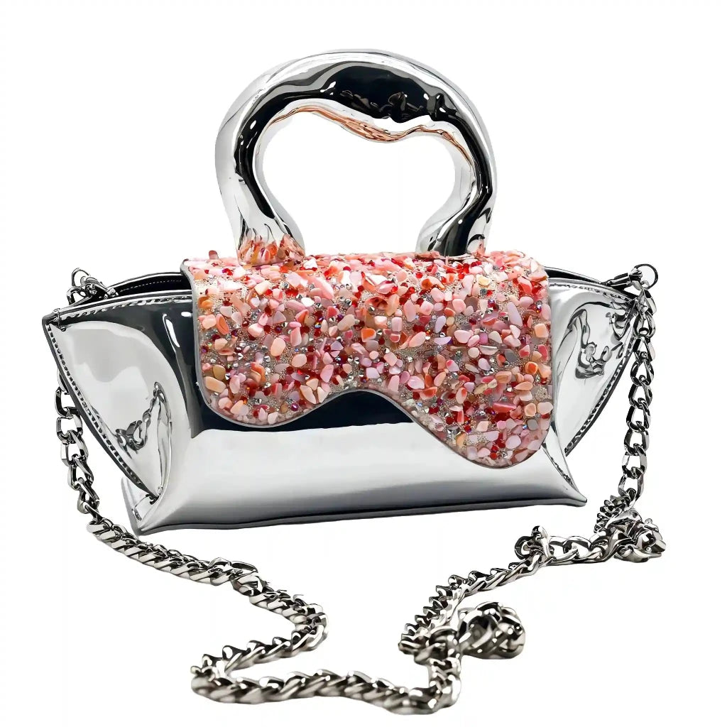 Silver GAGA Bag Pink Crystal Flap Cover - SAHI London | Handcrafted Jewellery Handbags & T-shirt Fashion
