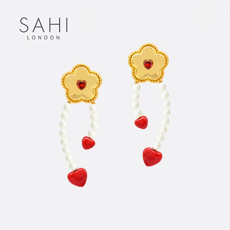 Little Red Flower Red Heart Hoop Earrings