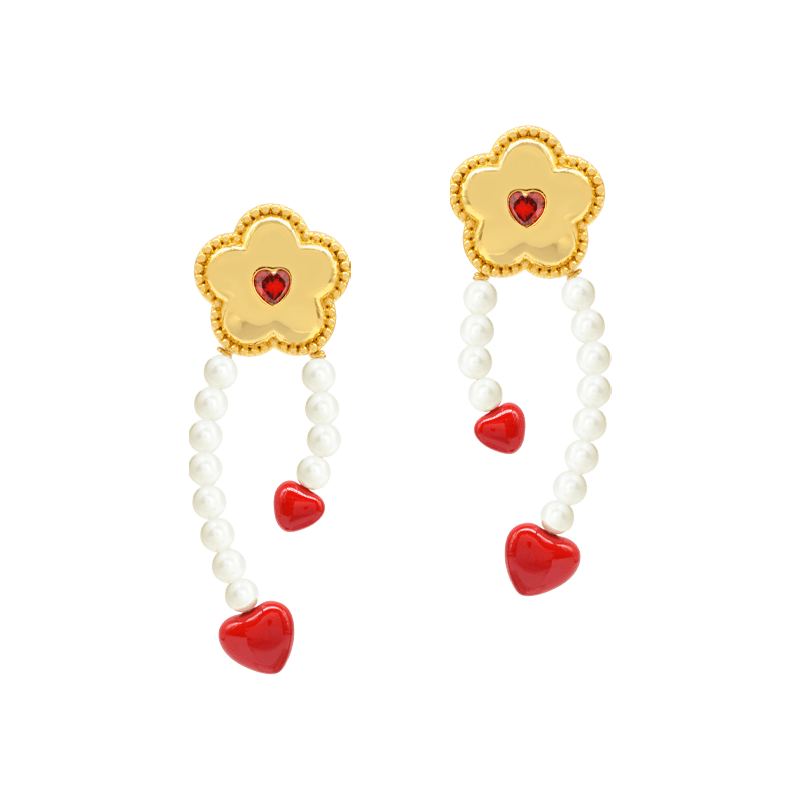 Little Red Flower Red Heart Hoop Earrings Image6